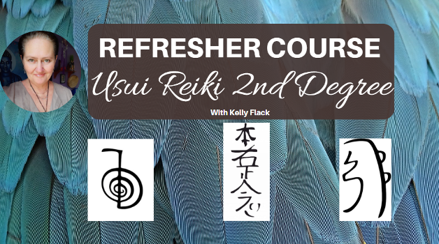 Blue feathers background with 3 Reiki symbols images on top below the text. Circle image of Kelly Flack . Text is Refresher Course Usui Reiki 2nd Degree with Kelly Flack